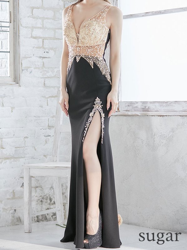 画像8: 13号あり【JEAN MACLEAN/ジャンマクレーン】パール/ビジュー/ 刺繍/ シアー/ ノースリーブ/ スリット/ スピンドル/ ロングドレス/ キャバドレス long[OF2A] (8)