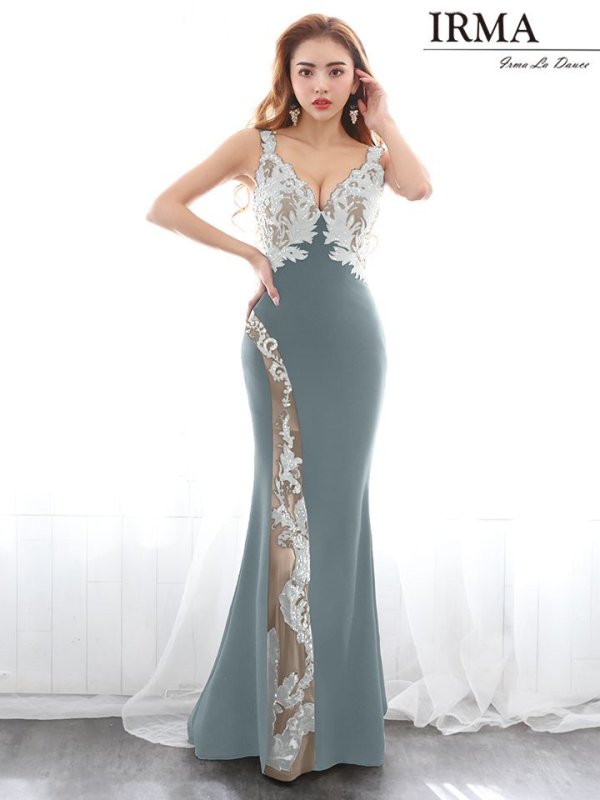 【IRMA/イルマ】シアーレース/ ノースリーブ/ ストレッチ/ タイト/ ロングドレス/ キャバドレス long/ダークグレーxシルバー