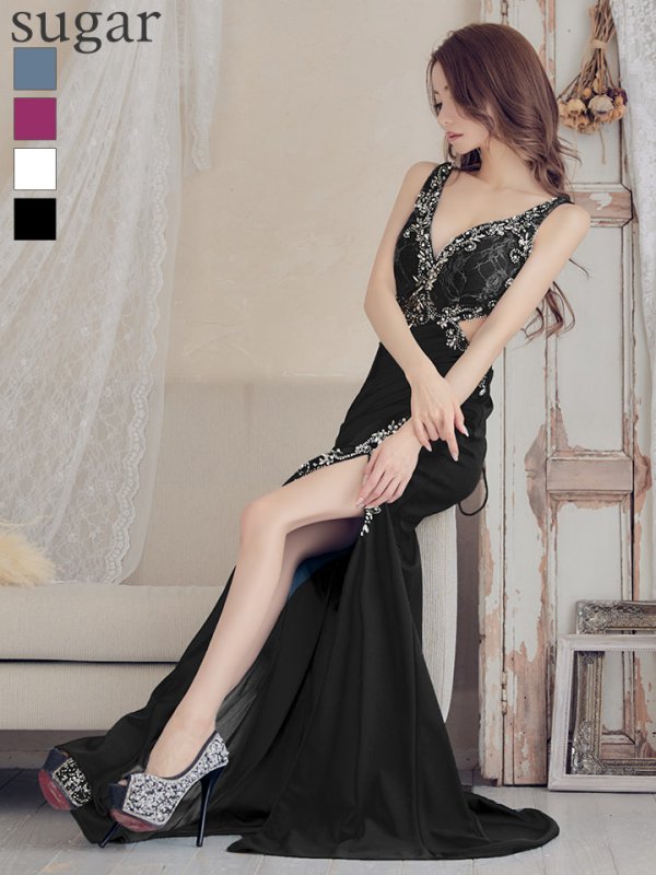 【IRMA/イルマ】ワンカラー/ シアーレース/ ビジュー/ ストレッチ/ スリット/ ロングドレス /キャバドレス long/ブラック