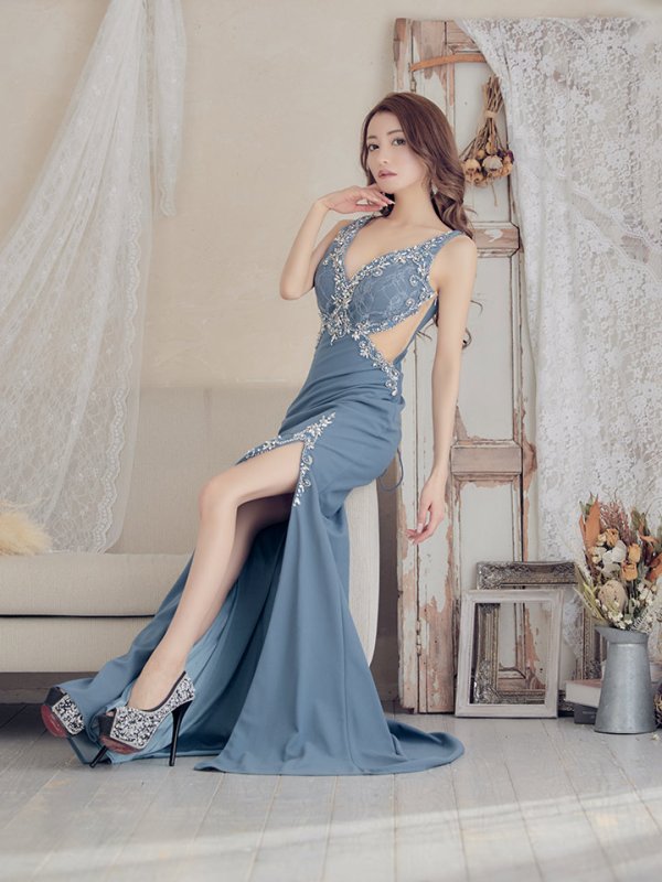 画像7: 【IRMA/イルマ】ワンカラー/ シアーレース/ ビジュー/ ストレッチ/ スリット/ ロングドレス /キャバドレス long[OF2A] (7)