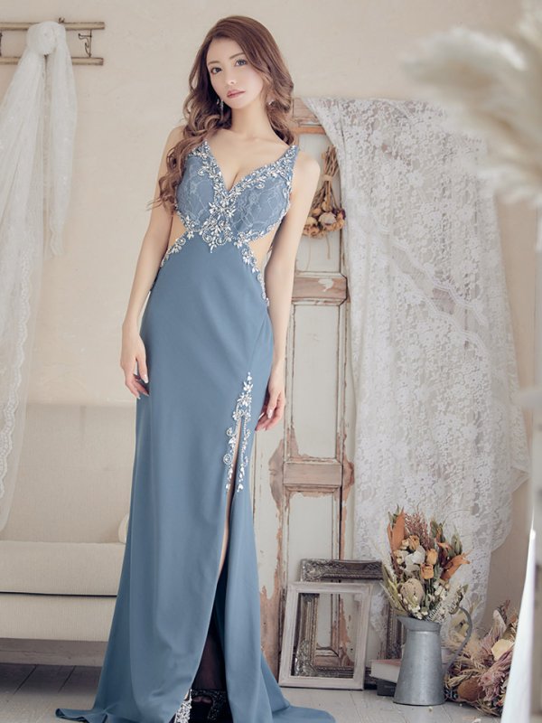 画像8: 【IRMA/イルマ】ワンカラー/ シアーレース/ ビジュー/ ストレッチ/ スリット/ ロングドレス /キャバドレス long[OF2A] (8)