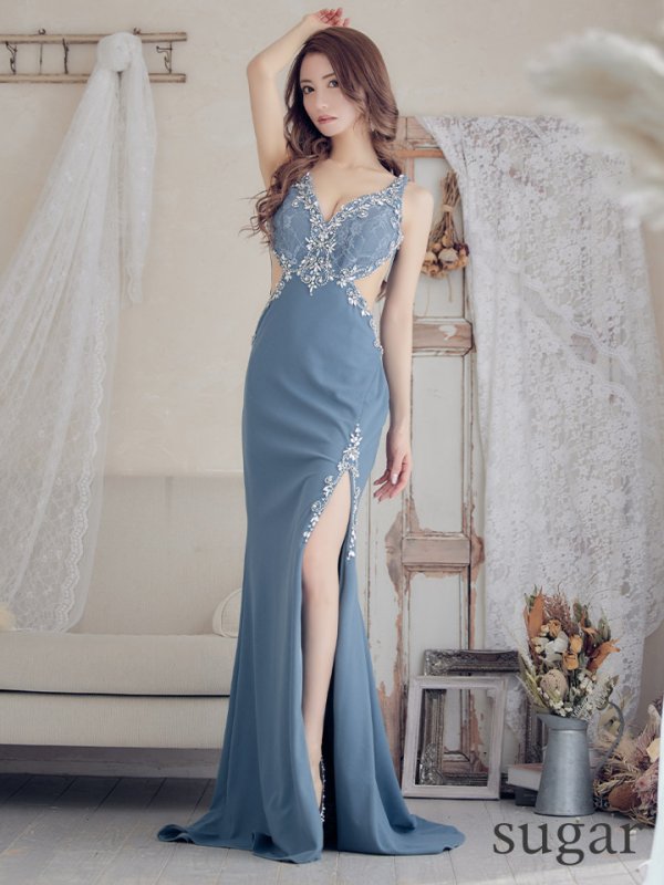 画像10: 【IRMA/イルマ】ワンカラー/ シアーレース/ ビジュー/ ストレッチ/ スリット/ ロングドレス /キャバドレス long[OF2A] (10)