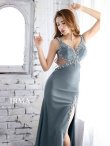 【IRMA/イルマ】ワンカラー/ シアーレース/ ビジュー/ ストレッチ/ スリット/ ロングドレス /キャバドレス long　ロストブルー