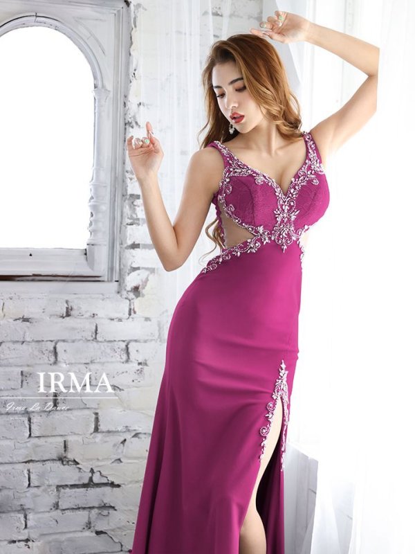【IRMA/イルマ】ワンカラー/ シアーレース/ ビジュー/ ストレッチ/ スリット/ ロングドレス /キャバドレス long　プラム