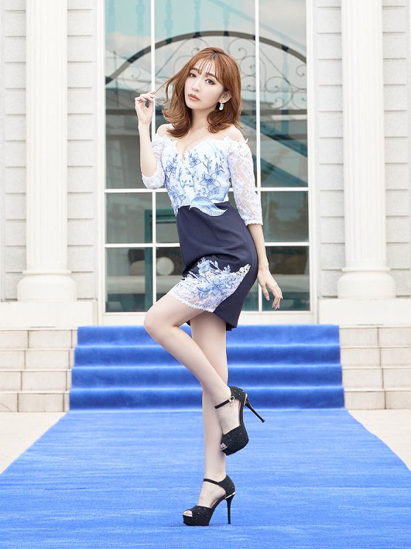 画像4: Lサイズあり【IRMA/イルマ】フラワーレース/ オフショル/ 袖あり/ タイト/ ミニドレス/ キャバドレス【HC02】 (4)