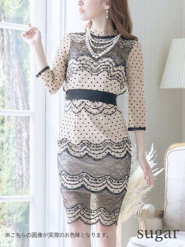 画像10: Lサイズあり!!【JEAN MACLEAN/ジャンマクレーン】ドットレース/ 袖あり/ バックシャン/ タイト/ ミディアム丈/ キャバドレス【HC02】 (10)