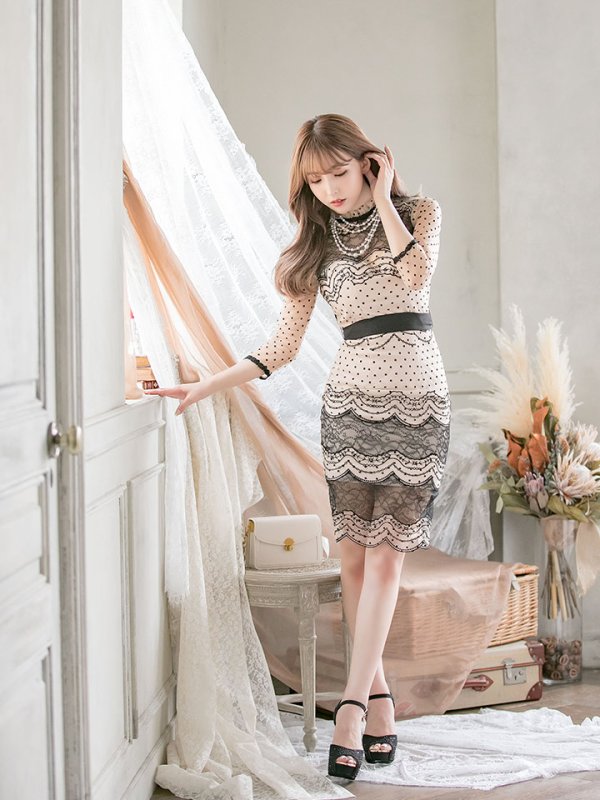 画像14: Lサイズあり!!【JEAN MACLEAN/ジャンマクレーン】ドットレース/ 袖あり/ バックシャン/ タイト/ ミディアム丈/ キャバドレス【HC02】 (14)