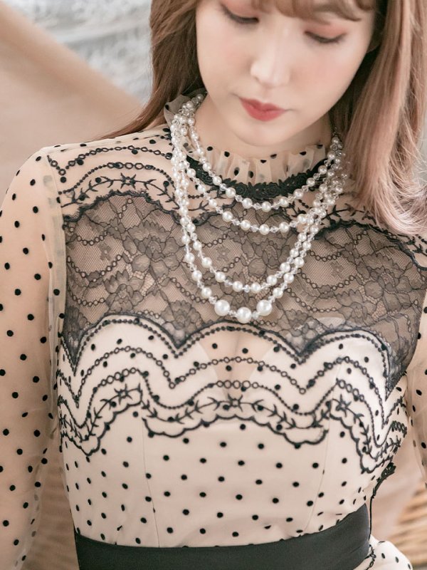 画像15: Lサイズあり!!【JEAN MACLEAN/ジャンマクレーン】ドットレース/ 袖あり/ バックシャン/ タイト/ ミディアム丈/ キャバドレス【HC02】 (15)