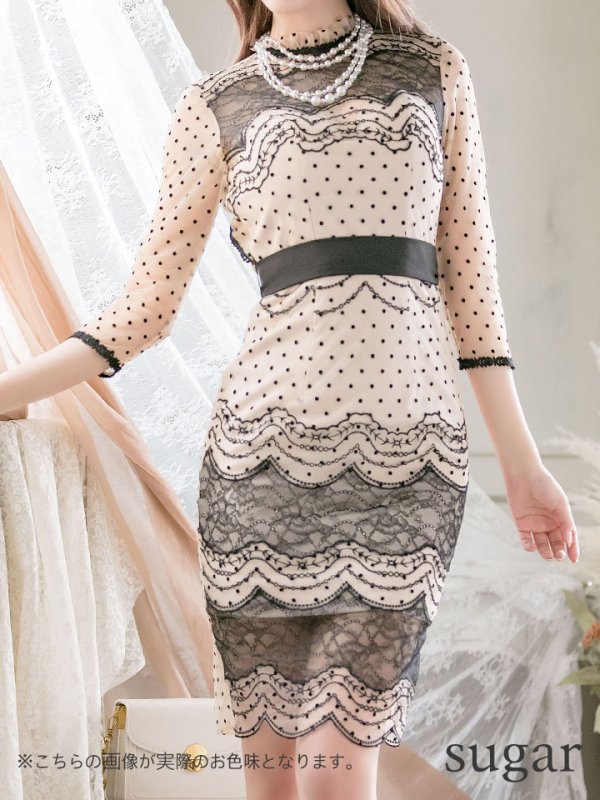 画像8: Lサイズあり!!【JEAN MACLEAN/ジャンマクレーン】ドットレース/ 袖あり/ バックシャン/ タイト/ ミディアム丈/ キャバドレス【HC02】 (8)