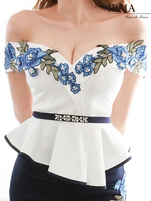 画像5: Lサイズあり【IRMA/イルマ】フラワー刺繍/ オフショル/ ペプラム / シアーレース/ ミニドレス/ キャバドレス【HC02】 (5)