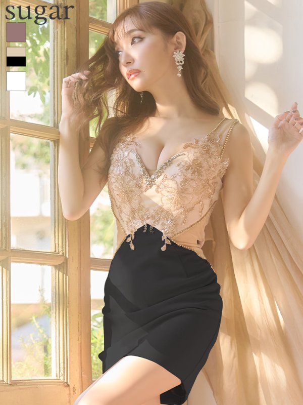 sugarオリジナルカラーあり☆【IRMA/イルマ】刺繍/ ビジューデザイン/ サイドシアー/ ストレッチ/ タイト/ ミニドレス/ キャバドレス　シャンパンxブラック