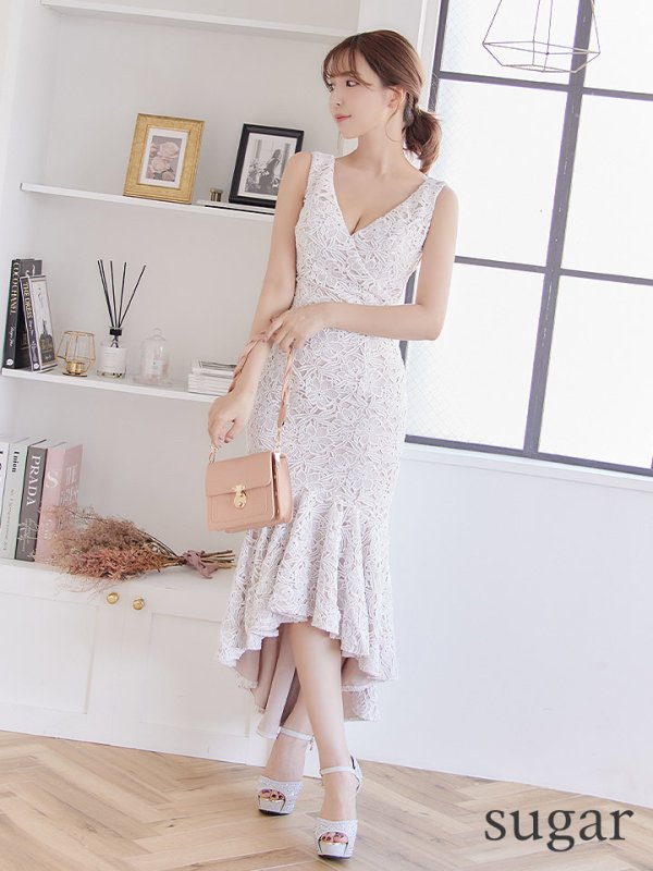 画像7: Lサイズあり!!【JEAN MACLEAN/ジャンマクレーン】フラワーレース/ベルト付き/変形スカート/タイト/ ミディアム丈/ ミニドレス/ キャバドレス【HC02】 (7)