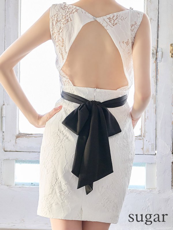 【IRMA/イルマ】レース/リボン/パール/ タイト/ ミニドレス/ キャバドレス ホワイトxブラック