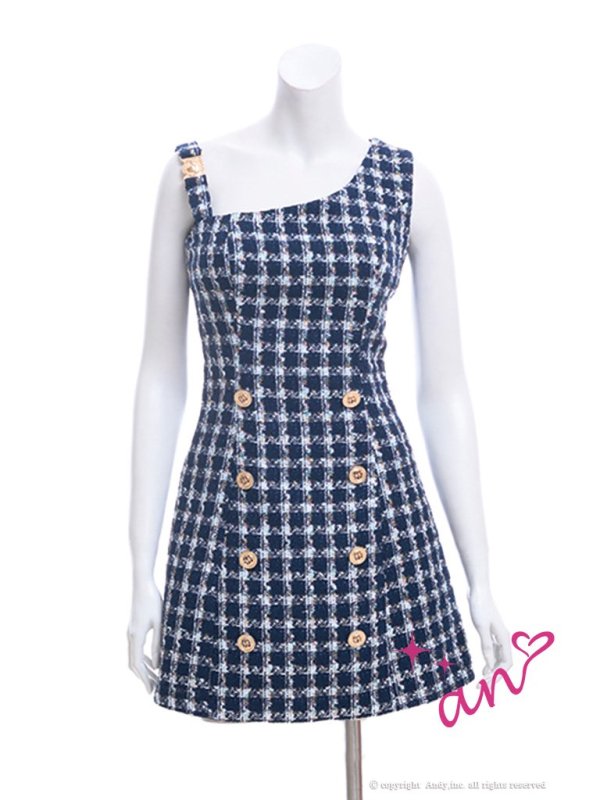 【an/アン】チェック/ ツイード/ ボタンデザイン/ ノースリーブ/ アシンメトリー/ 台形スカート/ ミニドレス/ キャバドレス AOC3477/ネイビーxホワイトチェック