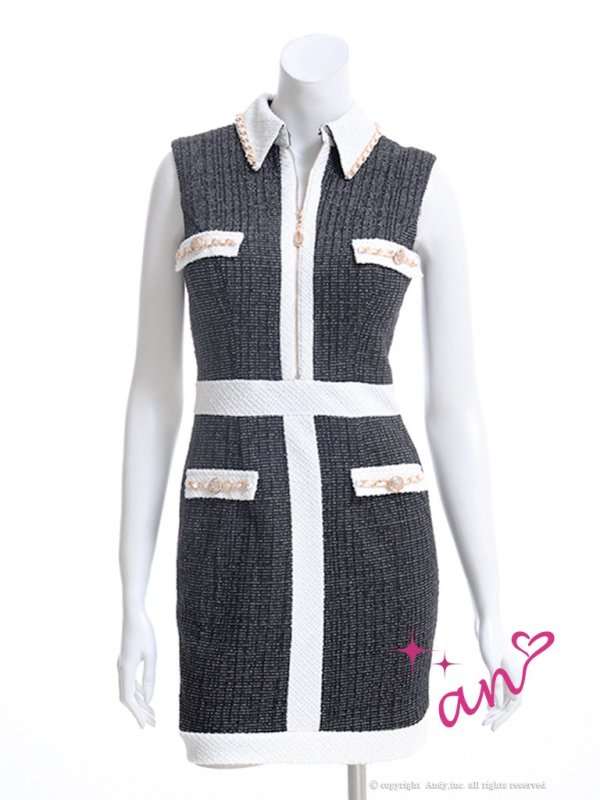 画像8: 【an/アン】ストレッチツイード/ フロントジップ/ 襟付き/ ノースリーブ/ チェーン/ バイカラー/ タイト/ ミニドレス/ キャバドレス[OF05] (8)