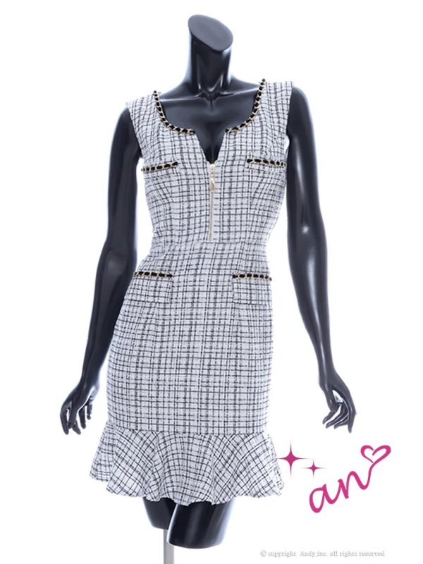 XSサイズあり【an/アン】フロントジップ/ チェック/ ツイード/ ノースリーブ/ チェーンパイピング/ タイト/ ミニドレス/ キャバドレス ホワイトブラック