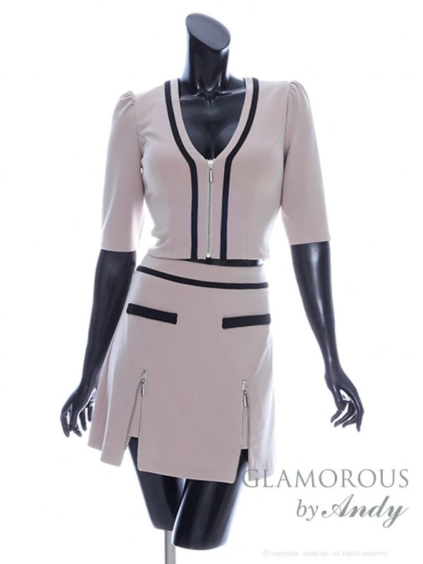XSサイズあり【Andy GLAMOROUS/アンディグラマラス】バイカラー/ ジップ/ セットアップ/ 袖あり/ 半袖/ フレア/ ミニドレス/ キャバドレス　ベージュxブラック