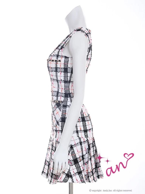 画像3: 【an /アン】チェック/ ノースリーブ/ ポケット/ チェーンパイピング/ プリーツ/ Aライン/ ミニドレス/ キャバドレス[OF05] (3)
