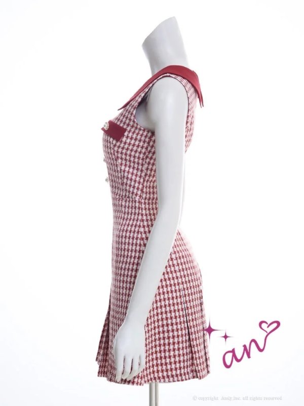画像2: XSサイズあり 【an /アン】千鳥柄/ チェック/ 襟付き/ ボタン/ ノースリーブ/ プリーツ/ フレア/ ミニドレス/ キャバドレス[OF05] (2)