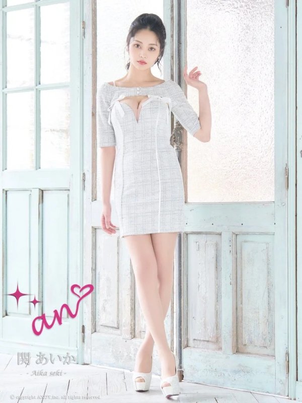 画像13: XSサイズあり【an /アン】 ストレッチ/ ツイード/ アンサンブル/ リボン/ 半袖/ 袖あり/ バストシアー/ タイト/ ミニドレス/ キャバドレス[OF05] (13)