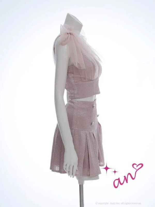 画像14: XSサイズあり【an /アン】ショルダーリボン/ ラメ/ラインストーン/ ストレッチ/ プリーツ/ フレア/ セットアップ/ ミニドレス/ キャバドレス[OF05] (14)