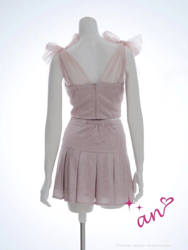 画像15: XSサイズあり【an /アン】ショルダーリボン/ ラメ/ラインストーン/ ストレッチ/ プリーツ/ フレア/ セットアップ/ ミニドレス/ キャバドレス[OF05] (15)