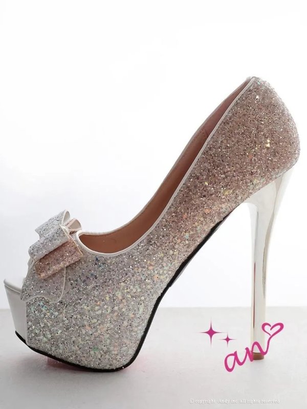 画像2: 【an】2color/ 14cmヒール/ グリッター/ ラメ/ グラデーション/ リボンモチーフ/ ハイヒール/ ピンヒール/ オープントゥパンプス [OF02] (2)