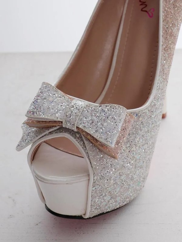 画像3: 【an】2color/ 14cmヒール/ グリッター/ ラメ/ グラデーション/ リボンモチーフ/ ハイヒール/ ピンヒール/ オープントゥパンプス [OF02] (3)