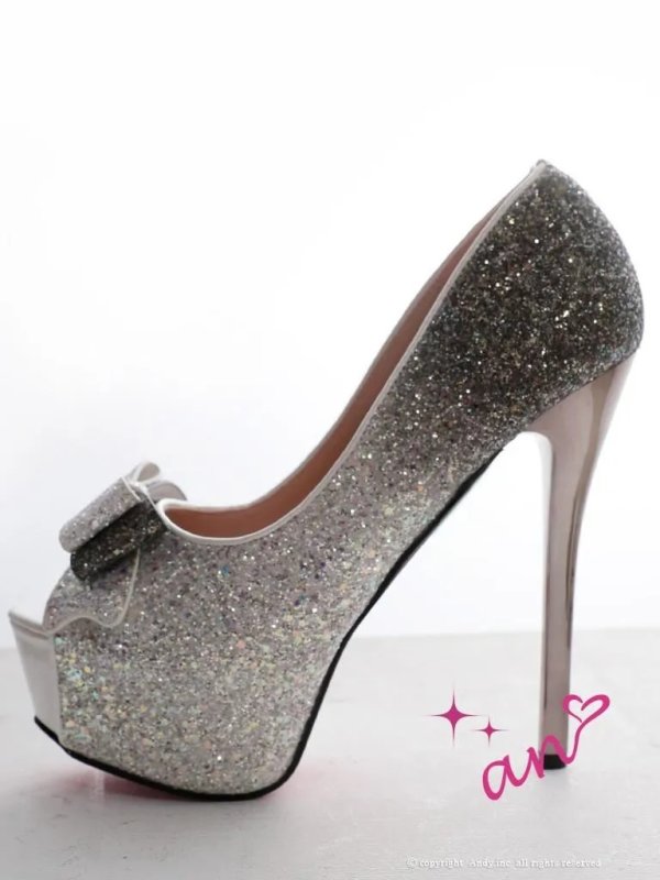 画像5: 【an】2color/ 14cmヒール/ グリッター/ ラメ/ グラデーション/ リボンモチーフ/ ハイヒール/ ピンヒール/ オープントゥパンプス [OF02] (5)