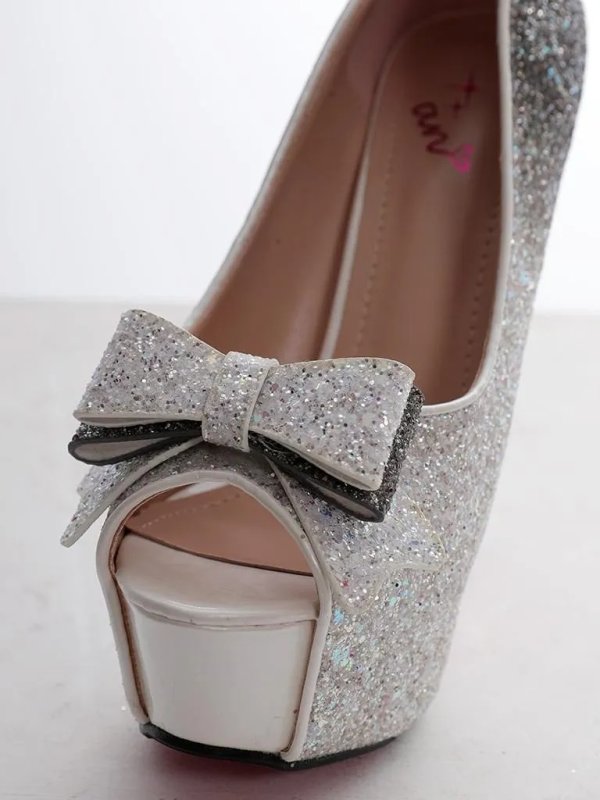 画像6: 【an】2color/ 14cmヒール/ グリッター/ ラメ/ グラデーション/ リボンモチーフ/ ハイヒール/ ピンヒール/ オープントゥパンプス [OF02] (6)