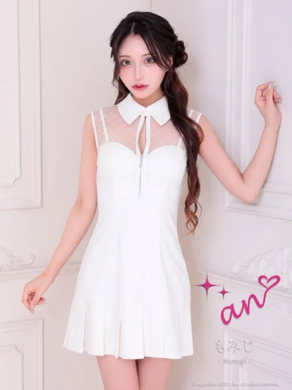 画像14: XSサイズあり【an /アン】フロントジップ/ シースルー/ レース/ 襟/ プリーツ/ ノースリーブ/ フレア/ ワンピース/ ミニドレス/ キャバドレス[OF05]] (14)