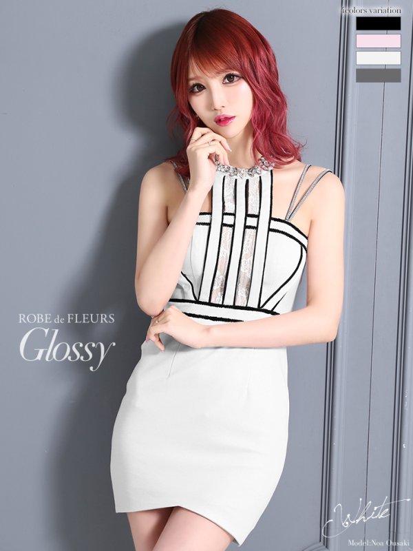 【ROBE de FLEURS Glossy/ローブ・ド・フルール グロッシー】ホルターネック/ ストレッチ/ タイト/ ミニドレス/ キャバドレス　ホワイト