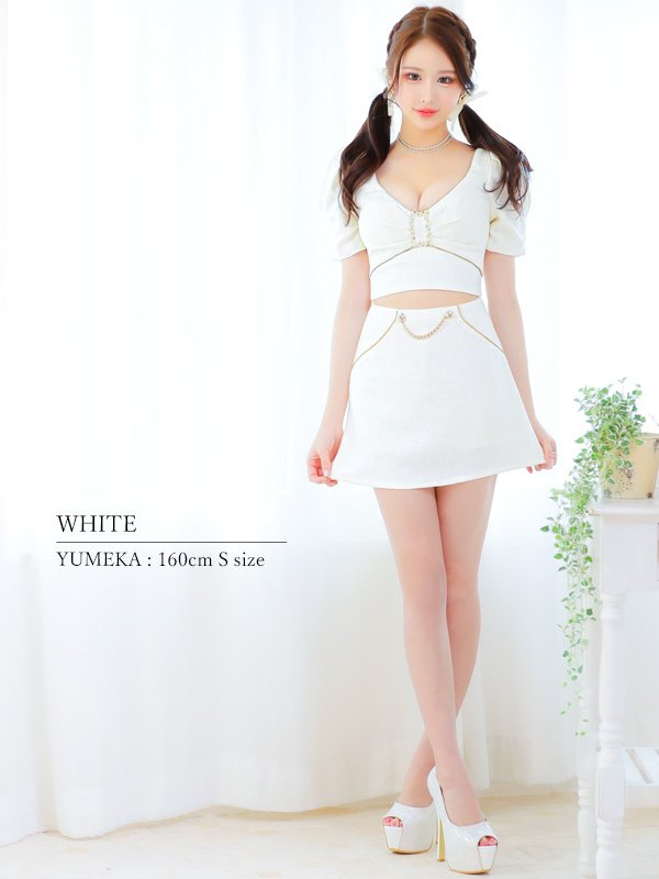 画像5: 【PURESS/ピュアレス】バストビジュー/ パール/ チェーン/ バックル/ パフショルダー/ マイクロフレアミニ/ ミニドレス/ キャバドレス[OF5] (5)