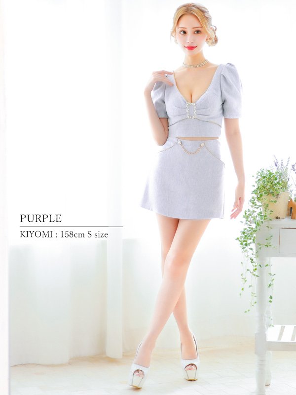 画像6: 【PURESS/ピュアレス】バストビジュー/ パール/ チェーン/ バックル/ パフショルダー/ マイクロフレアミニ/ ミニドレス/ キャバドレス[OF5] (6)