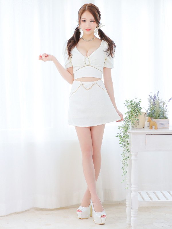 画像7: 【PURESS/ピュアレス】バストビジュー/ パール/ チェーン/ バックル/ パフショルダー/ マイクロフレアミニ/ ミニドレス/ キャバドレス[OF5] (7)