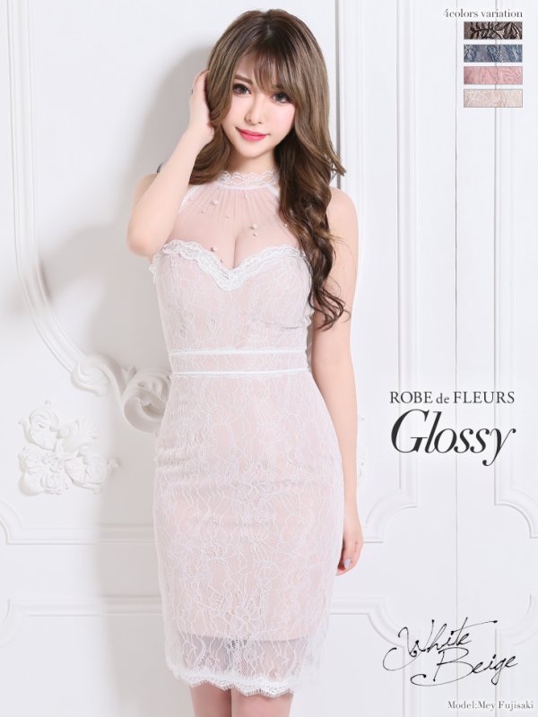 【ROBE de FLEURS Glossy/ローブドフルール グロッシー】ホルターネック/ 総レース/ タイトミニ/ ミニドレス/ キャバドレス　ホワイトxベージュ