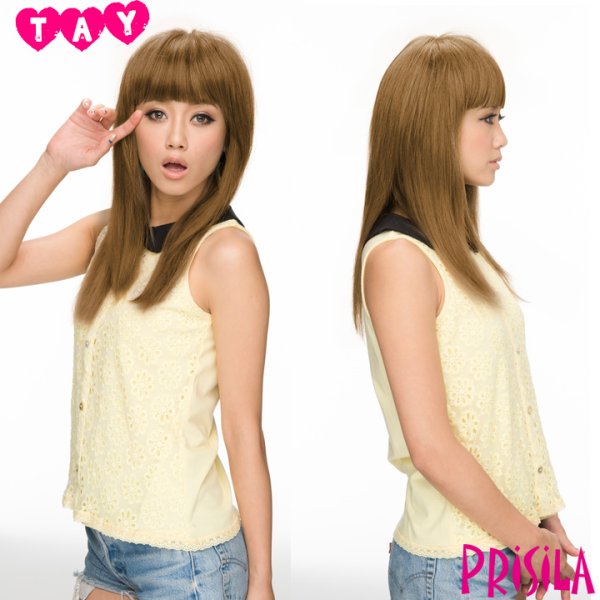 画像2: ウィッグ 【プリシラ/PRISILA】 つむじあり前髪ウィッグ★ ぱっつんちゃんプラス★ 耐燃仕様！　着用モデル：宮城舞チャン （アッシュイエロー） (2)
