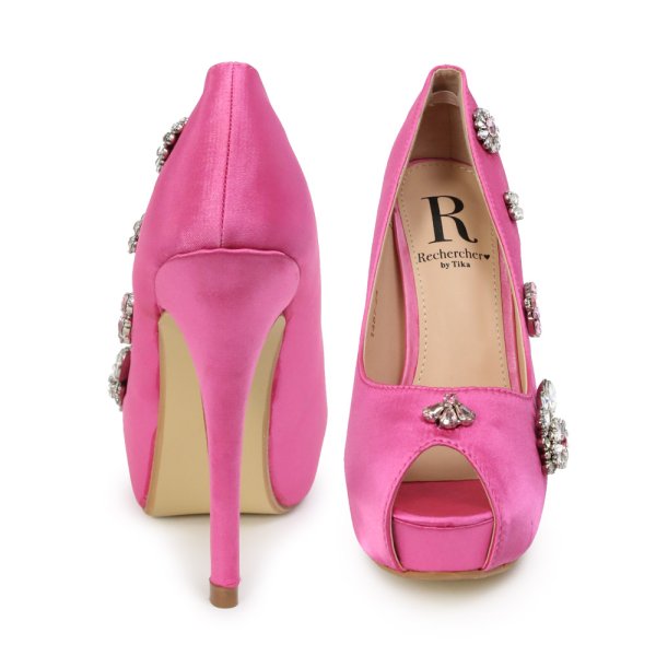 画像8: ☆NEWサイズ追加☆【Rechercher】フラワービジューがCuteで華やか♪サテンオープントゥパンプス[OF02] (8)