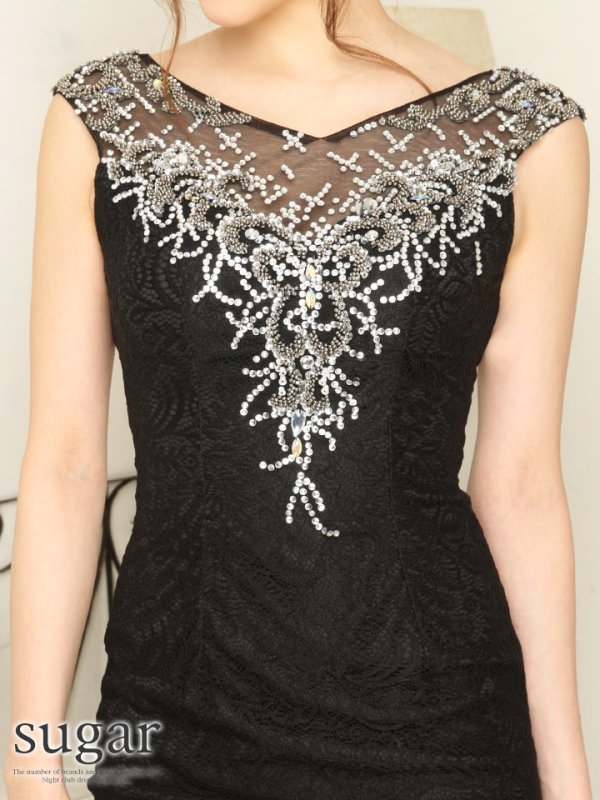 画像2: 【Lip line/リップライン】上品フルレース♪胸元に煌めくビジューとメッシュからの透け感で魅せて♪☆ノースリーブ デザイン：ミニ【ノースリーブ】ミニワンピキャバドレス[HC03] (2)