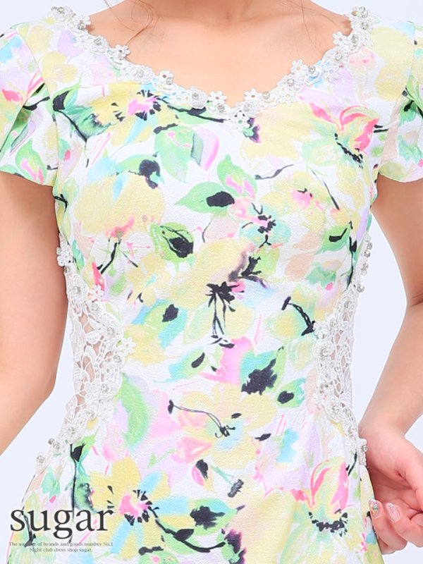 画像5: 【Lip line/リップライン】目を惹くタイダイ風プリントにダマスクレースを重ねたキャバミニワンピースドレス[HC03] (5)