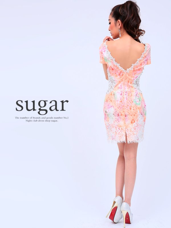 画像7: 【Lip line/リップライン】目を惹くタイダイ風プリントにダマスクレースを重ねたキャバミニワンピースドレス[HC03] (7)