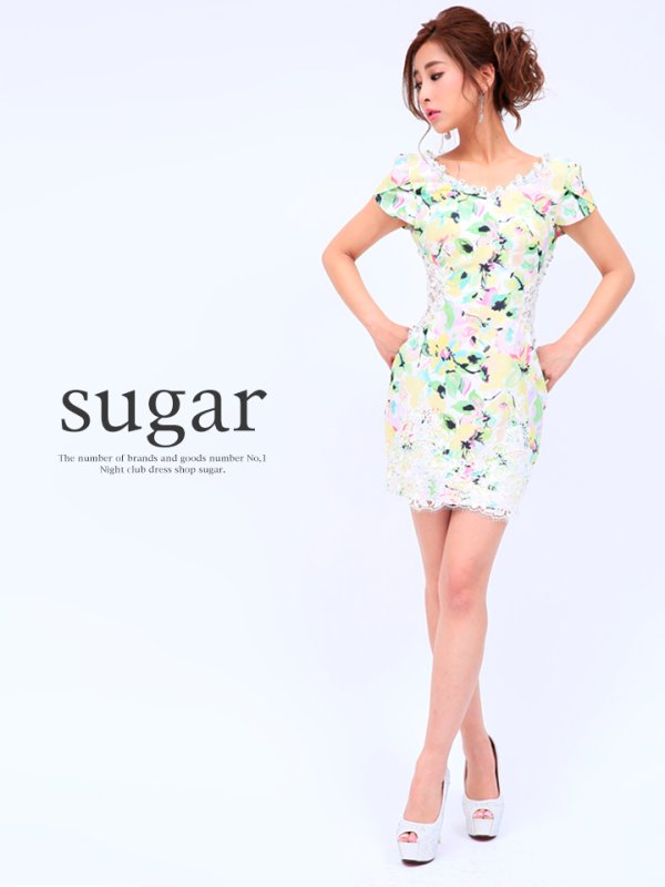 画像4: 【Lip line/リップライン】目を惹くタイダイ風プリントにダマスクレースを重ねたキャバミニワンピースドレス[HC03] (4)