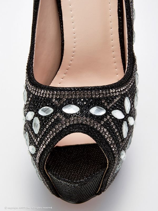 画像2: ☆人気の為再入荷☆【an】14cmヒール/ビジュー/レッドソール/オープントゥパンプス ブラック[OF02] (2)