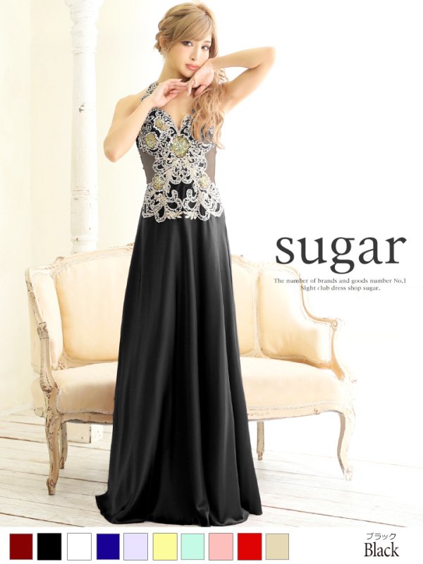 画像2: Lサイズあり【Luxe Style】ウエストの透け感で女らしいセクシーさも兼ね備えたジュエルボディアート/サテンロングドレスlong【HC03】 (2)