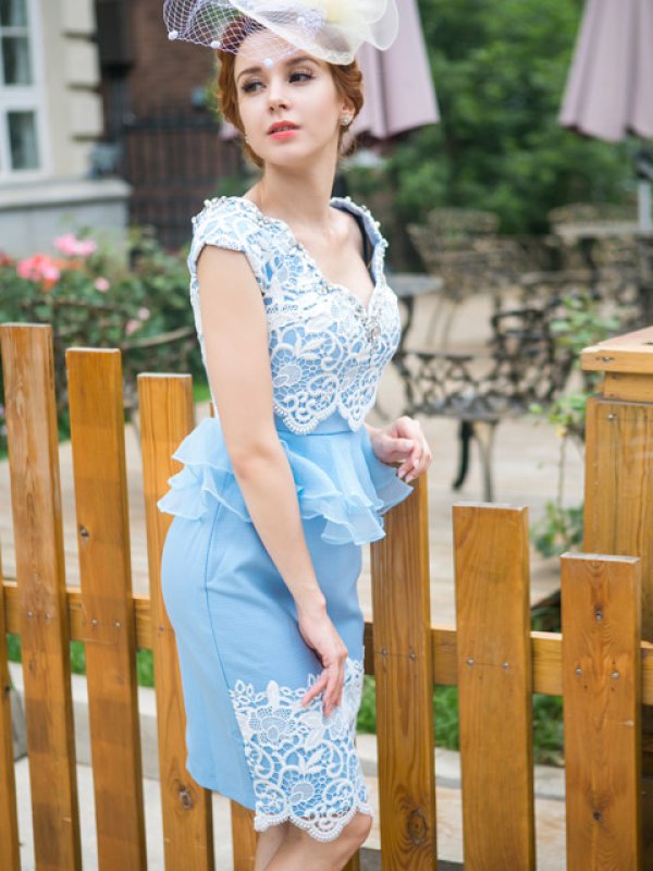 画像5: 【ERUKEI / Glitter】レース切り替え/ぺプラム/タイト/ミニドレス /キャバドレス[OF2] (5)