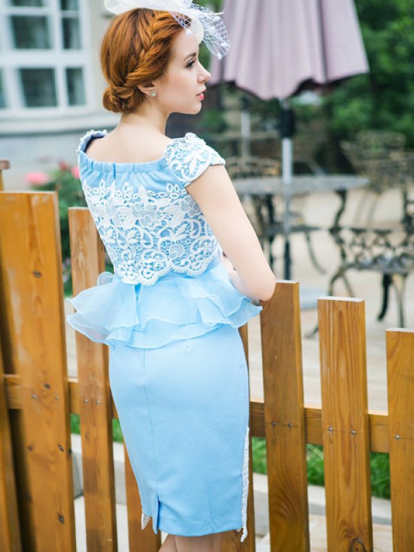 画像6: 【ERUKEI / Glitter】レース切り替え/ぺプラム/タイト/ミニドレス /キャバドレス[OF2] (6)