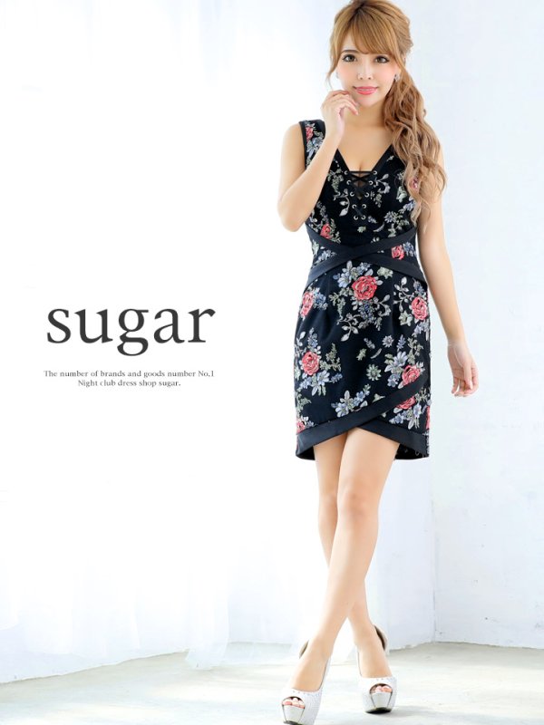 画像4: 【B品】フラワー刺繍/レースアップ/タイト/キャバドレスBBB[OF05] (4)