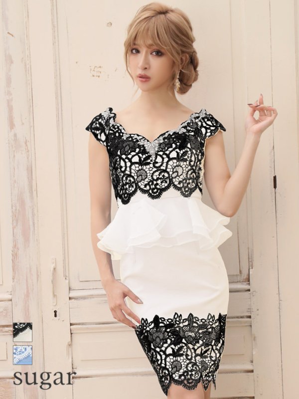 画像2: 【ERUKEI / Glitter】レース切り替え/ぺプラム/タイト/ミニドレス /キャバドレス[OF2] (2)