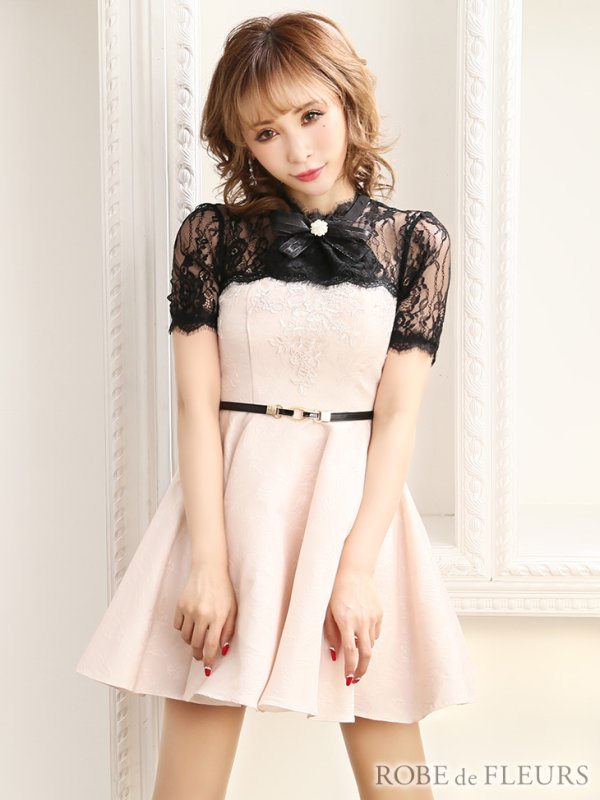 画像2: 訳あり商品☆汚れあり/付属品なし☆【ROBE de FLEURS/ローブドフルール】ローズジャガード /レース切替 /フレア/キャバドレス[OF2] (2)