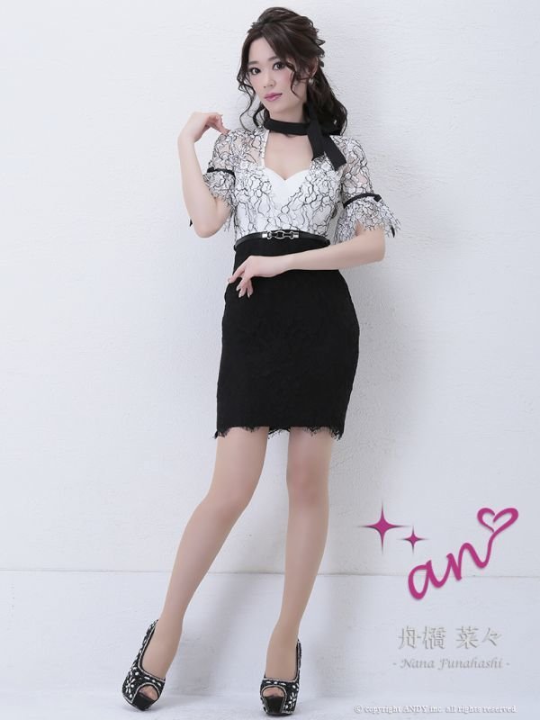 画像2: 【an/アン】リボンネック/ フラワーレース/ タイト/ キャバドレス[OF05] (2)